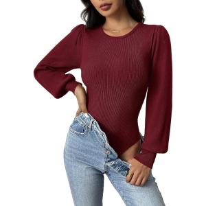 Zeagoo Women 2026 Long Puff Sleeve Sweater Fall Slim Fit Pullover Tops Crewneck Ribbed Knit Bodysuit Jumpsuit(Wine Red)