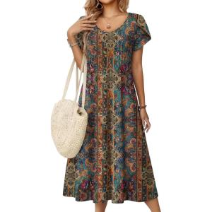 Zeagoo Women Midi Dresses for Summer 2026 Short Sleeve Casual Flowy Dress A Line Pleated V Neck Beach Sundress with Pockets(Ethnic Flowers)