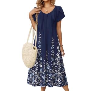 Zeagoo Women Midi Dresses for Summer 2026 Short Sleeve Casual Flowy Dress A Line Pleated V Neck Beach Sundress with Pockets(Flower Blue)