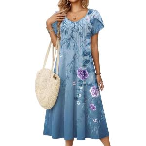 Zeagoo Women Midi Dresses for Summer 2026 Short Sleeve Casual Flowy Dress A Line Pleated V Neck Beach Sundress with Pockets(Flowers-blue)