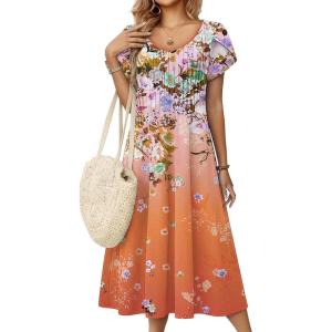 Zeagoo Women Midi Dresses for Summer 2026 Short Sleeve Casual Flowy Dress A Line Pleated V Neck Beach Sundress with Pockets(Gradient Orange)