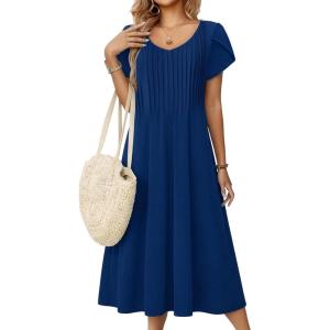 Zeagoo Women Midi Dresses for Summer 2026 Short Sleeve Casual Flowy Dress A Line Pleated V Neck Beach Sundress with Pockets(Navy Blue)
