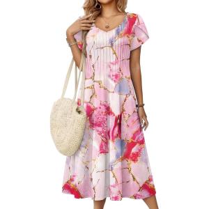 Zeagoo Women Midi Dresses for Summer 2026 Short Sleeve Casual Flowy Dress A Line Pleated V Neck Beach Sundress with Pockets(Pattern-pink)