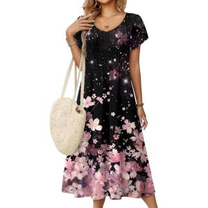 Zeagoo Women Midi Dresses for Summer 2026 Short Sleeve Casual Flowy Dress A Line Pleated V Neck Beach Sundress with Pockets(Pink Black)