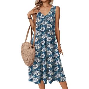 Zeagoo Women Summer Casual Dresses 2026 Sleeveless Midi Pleated Tank Sundress with Pockets V Neck A Line Swing Tshirt Dress(Blue Floral)