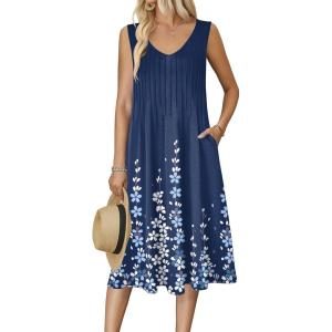Zeagoo Women Summer Casual Dresses 2026 Sleeveless Midi Pleated Tank Sundress with Pockets V Neck A Line Swing Tshirt Dress(Blue Flowers)