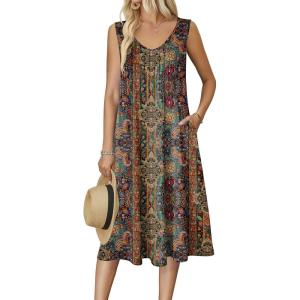 Zeagoo Women Summer Casual Dresses 2026 Sleeveless Midi Pleated Tank Sundress with Pockets V Neck A Line Swing Tshirt Dress(Ethnic)