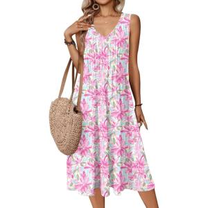 Zeagoo Women Summer Casual Dresses 2026 Sleeveless Midi Pleated Tank Sundress with Pockets V Neck A Line Swing Tshirt Dress(Pink Print)