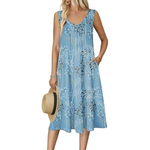 Zeagoo Women Summer Casual Dresses 2026 Sleeveless Midi Pleated Tank Sundress with Pockets V Neck A Line Swing Tshirt Dress(Plant Blue)