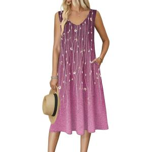 Zeagoo Women Summer Casual Dresses 2026 Sleeveless Midi Pleated Tank Sundress with Pockets V Neck A Line Swing Tshirt Dress(Purple Flowers)