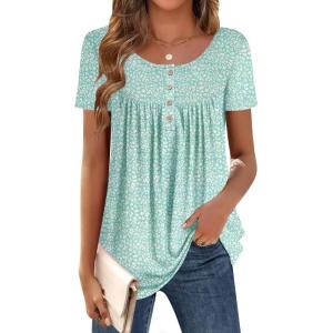 Zeagoo Women Tunic Tops Dressy Casual Summer Short Sleeve Shirts Floral Loose Fit Pleated Boho Top S-XXL(An202)