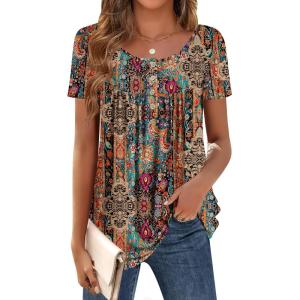 Zeagoo Women Tunic Tops Dressy Casual Summer Short Sleeve Shirts Floral Loose Fit Pleated Boho Top S-XXL(Mz721)