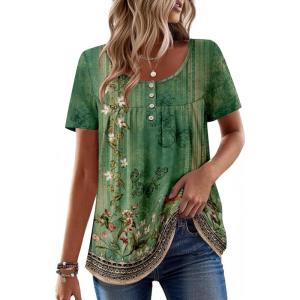 Zeagoo Women Tunic Tops Dressy Casual Summer Short Sleeve Shirts Floral Loose Fit Pleated Boho Top S-XXL(Pa171)