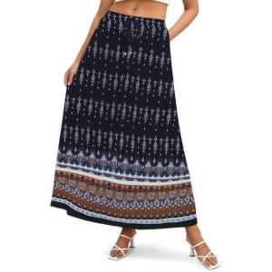 Zeagoo Women’s 2026 Boho Floral Skirt Casual Elastic High Waist Maxi Skirts Flowy A Line Beach Long Skirt with Side Pockets(Dark Blue)