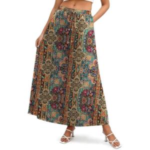Zeagoo Women’s 2026 Boho Floral Skirt Casual Elastic High Waist Maxi Skirts Flowy A Line Beach Long Skirt with Side Pockets(Ethnic)
