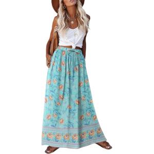 Zeagoo Women’s 2026 Boho Floral Skirt Casual Elastic High Waist Maxi Skirts Flowy A Line Beach Long Skirt with Side Pockets(Light Blue)