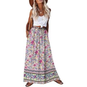 Zeagoo Women’s 2026 Boho Floral Skirt Casual Elastic High Waist Maxi Skirts Flowy A Line Beach Long Skirt with Side Pockets(Purple)