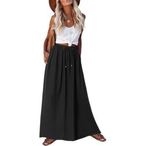 Zeagoo Women’s 2026 Boho Floral Skirt Casual Elastic High Waist Maxi Skirts Flowy A Line Beach Long Skirt with Side Pockets(Solid Black)