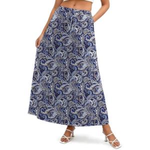 Zeagoo Women’s 2026 Boho Floral Skirt Casual Elastic High Waist Maxi Skirts Flowy A Line Beach Long Skirt with Side Pockets(Tibetan Khaki)