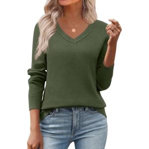 Zeagoo Women’s 2026 Fall V Neck Sweater Trendy Long Sleeve Casual Lightweight Ribbed Knit Pullover Tops(Army Green)