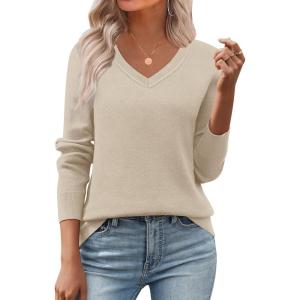 Zeagoo Women’s 2026 Fall V Neck Sweater Trendy Long Sleeve Casual Lightweight Ribbed Knit Pullover Tops(Beige)