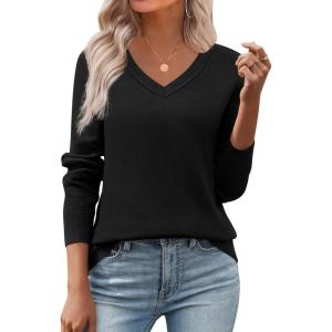 Zeagoo Women’s 2026 Fall V Neck Sweater Trendy Long Sleeve Casual Lightweight Ribbed Knit Pullover Tops(Black)