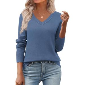 Zeagoo Women’s 2026 Fall V Neck Sweater Trendy Long Sleeve Casual Lightweight Ribbed Knit Pullover Tops(Blue)