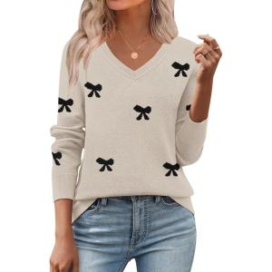 Zeagoo Women’s 2026 Fall V Neck Sweater Trendy Long Sleeve Casual Lightweight Ribbed Knit Pullover Tops(Bowknot Apricot)