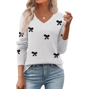 Zeagoo Women’s 2026 Fall V Neck Sweater Trendy Long Sleeve Casual Lightweight Ribbed Knit Pullover Tops(Bowknot White)