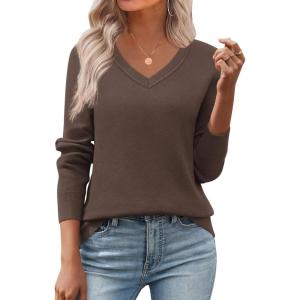 Zeagoo Women’s 2026 Fall V Neck Sweater Trendy Long Sleeve Casual Lightweight Ribbed Knit Pullover Tops(Dark Brown)