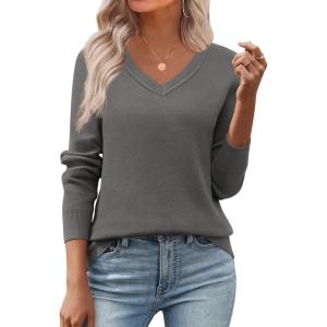 Zeagoo Women’s 2026 Fall V Neck Sweater Trendy Long Sleeve Casual Lightweight Ribbed Knit Pullover Tops(Dark Gray)