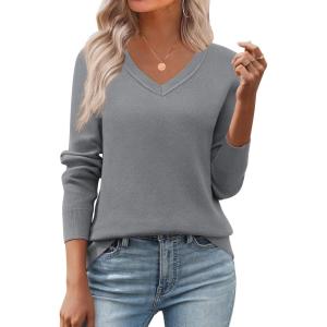 Zeagoo Women’s 2026 Fall V Neck Sweater Trendy Long Sleeve Casual Lightweight Ribbed Knit Pullover Tops(Gray)