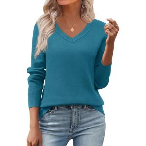 Zeagoo Women’s 2026 Fall V Neck Sweater Trendy Long Sleeve Casual Lightweight Ribbed Knit Pullover Tops(Lake Blue)