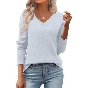 Zeagoo Women’s 2026 Fall V Neck Sweater Trendy Long Sleeve Casual Lightweight Ribbed Knit Pullover Tops(Light Blue)