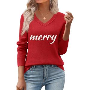 Zeagoo Women’s 2026 Fall V Neck Sweater Trendy Long Sleeve Casual Lightweight Ribbed Knit Pullover Tops(Merry Chrismas)