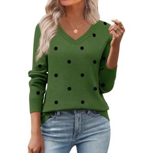 Zeagoo Women’s 2026 Fall V Neck Sweater Trendy Long Sleeve Casual Lightweight Ribbed Knit Pullover Tops(Polka Dot-green)
