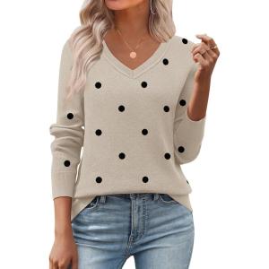 Zeagoo Women’s 2026 Fall V Neck Sweater Trendy Long Sleeve Casual Lightweight Ribbed Knit Pullover Tops(Polka Dot-khaki)