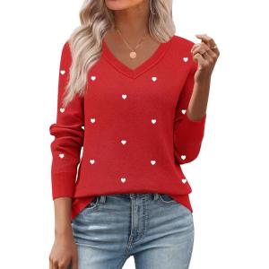 Zeagoo Women’s 2026 Fall V Neck Sweater Trendy Long Sleeve Casual Lightweight Ribbed Knit Pullover Tops(Red White Heart)