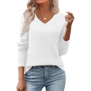Zeagoo Women’s 2026 Fall V Neck Sweater Trendy Long Sleeve Casual Lightweight Ribbed Knit Pullover Tops(White)