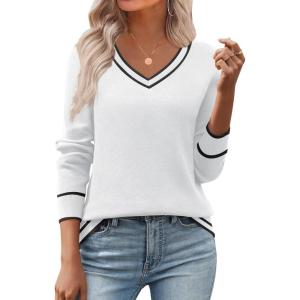 Zeagoo Women’s 2026 Fall V Neck Sweater Trendy Long Sleeve Casual Lightweight Ribbed Knit Pullover Tops(White Stripe)
