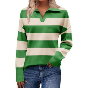 Zeagoo Women’s 2026 V Neck Striped Sweater Long Sleeve Oversized Fashion Knitted Pullover Fall Sweaters Tops(Striped – Green)
