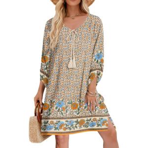 Zeagoo Womens Boho Dresses Casual Beach Summer Dress Tassel Tie Neck 3/4 Long Sleeve Mini Sundress 2026 Floral Print Cover Up(01 Apricot)