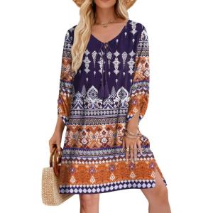Zeagoo Womens Boho Dresses Casual Beach Summer Dress Tassel Tie Neck 3/4 Long Sleeve Mini Sundress 2026 Floral Print Cover Up(01 Navy)