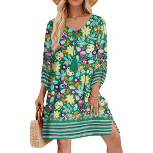 Zeagoo Womens Boho Dresses Casual Beach Summer Dress Tassel Tie Neck 3/4 Long Sleeve Mini Sundress 2026 Floral Print Cover Up(02 Green)