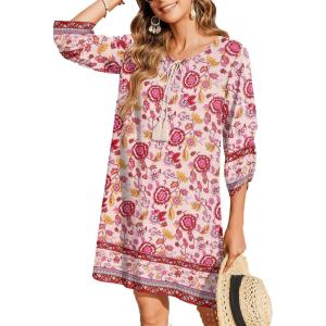 Zeagoo Womens Boho Dresses Casual Beach Summer Dress Tassel Tie Neck 3/4 Long Sleeve Mini Sundress 2026 Floral Print Cover Up(02 Pink)