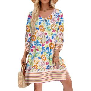 Zeagoo Womens Boho Dresses Casual Beach Summer Dress Tassel Tie Neck 3/4 Long Sleeve Mini Sundress 2026 Floral Print Cover Up(02 White)