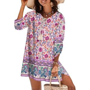 Zeagoo Womens Boho Dresses Casual Beach Summer Dress Tassel Tie Neck 3/4 Long Sleeve Mini Sundress 2026 Floral Print Cover Up(03 Apricot)