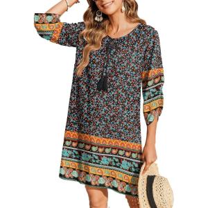 Zeagoo Womens Boho Dresses Casual Beach Summer Dress Tassel Tie Neck 3/4 Long Sleeve Mini Sundress 2026 Floral Print Cover Up(Black)