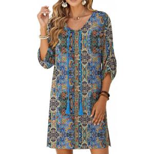 Zeagoo Womens Boho Dresses Casual Beach Summer Dress Tassel Tie Neck 3/4 Long Sleeve Mini Sundress 2026 Floral Print Cover Up(Blue Mz779)