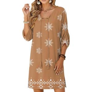 Zeagoo Womens Boho Dresses Casual Beach Summer Dress Tassel Tie Neck 3/4 Long Sleeve Mini Sundress 2026 Floral Print Cover Up(Brown Mz917)